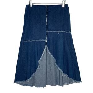 Zara L Womens Midi A-Line Denim Skirt Dark Blue Festival Western Patchwork